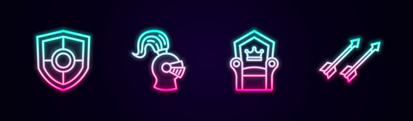Set line Shield, Medieval helmet, throne and arrows. Glowing neon icon. Vector