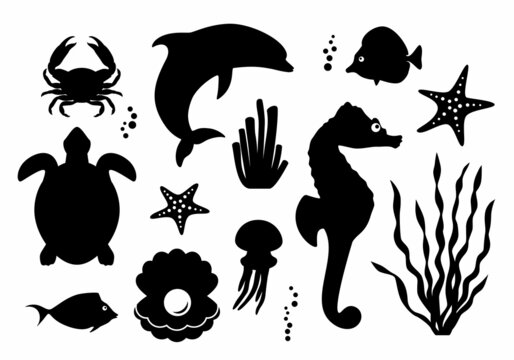 Sea life. Silhouettes ocean dwellers. Vector set.