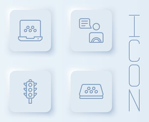 Set line Taxi mobile app, driver, Traffic light and car roof. White square button. Vector