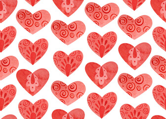 Fototapeta na wymiar Seamless pattern with red hearts. Drawing in folklore style.