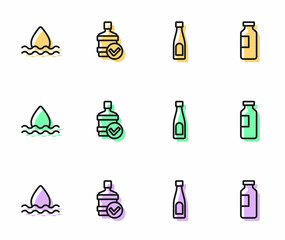 Fototapeta premium Set line Bottle of water, Water drop, Big bottle with clean and icon. Vector