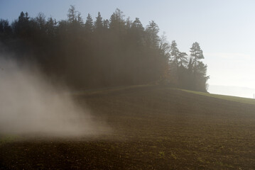 Scenic panorama landscape with waft of mist and freshly harvested field on a sunny autumn day. Photo taken November 12th, 2021, Zurich, Switzerland.