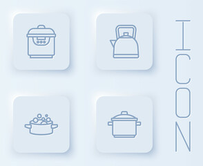 Set line Slow cooker, Kettle with handle, Cooking pot and . White square button. Vector