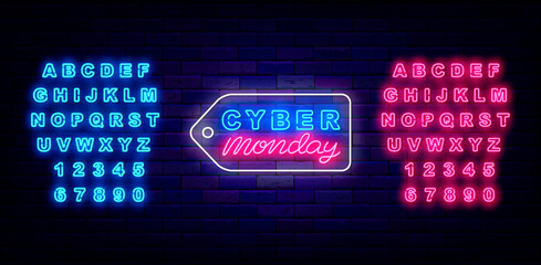 Cyber monday sale neon label. Luminous emblem for shop. Blue and pink alphabet. Isolated vector illustration