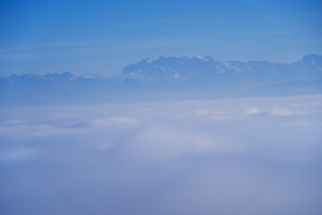Scenic panorama wit sea of fog seen from local mountain Uetliberg at Canton Z&uuml;rich on a sunny autumn day. Photo taken November 12th, 2021, Zurich, Switzerland.