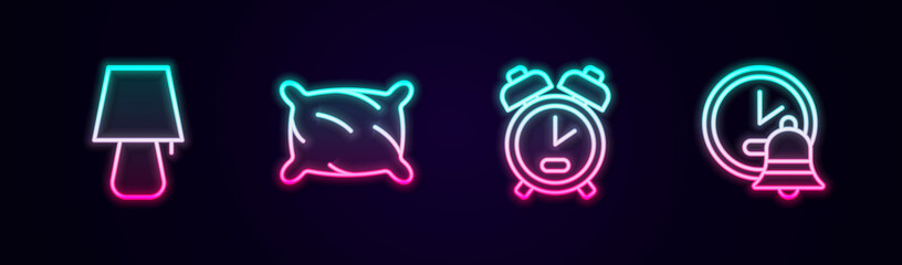 Set line Table lamp, Pillow, Alarm clock and . Glowing neon icon. Vector