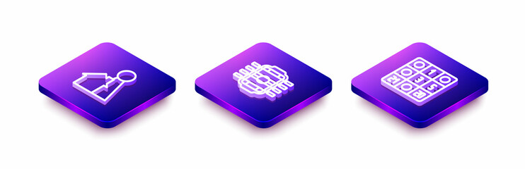 Set Isometric line Chip for board game, Table football and Bingo card icon. Vector