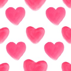 Obraz premium Watercolor Hand Drawn Bright Pink Hearts on White Background Seamless Pattern.