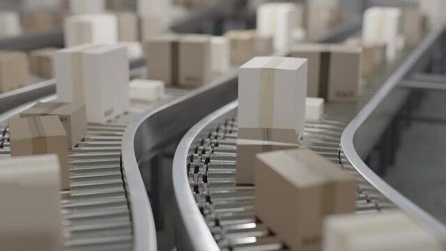Conveyor with many cardboard boxes. Package delivery concept. 3D rendered looping animation.