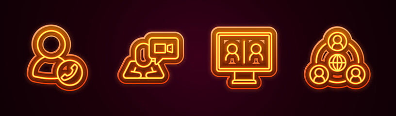 Set line Video chat conference, and Meeting. Glowing neon icon. Vector