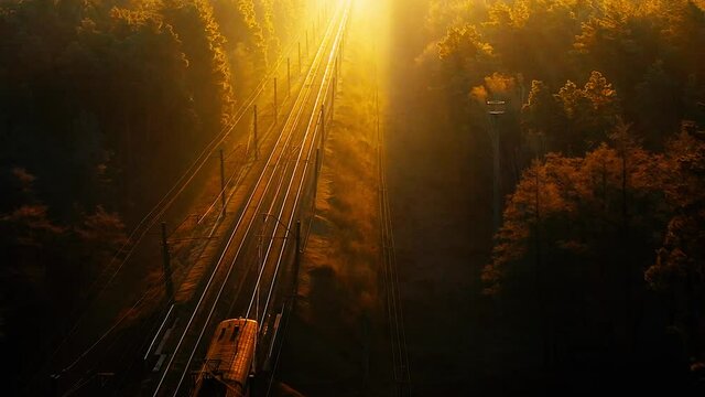 A freight train travels through a foggy forest.