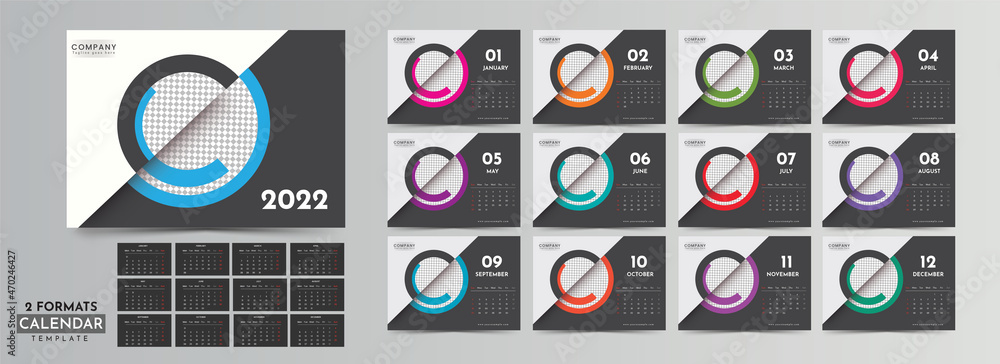 Poster two formats complete set of 2022 yearly calendar design with given space for image in black and whit