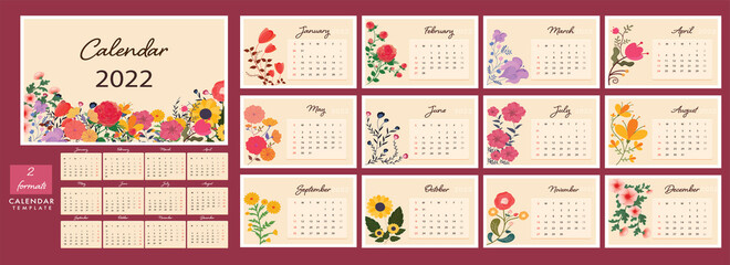 Complete Set Of 12 Months Yearly Floral Calendar Design In Two Formats.