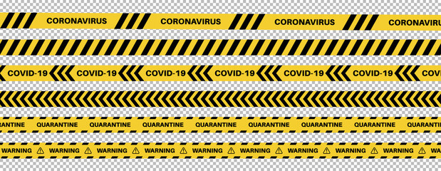 Strips of quarantine. Warning coronavirus quarantine yellow and black stripes. Isolated on transparent background. Vector