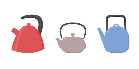 Set of colorful kettles and teapot. Kitchen utensil. Doodle flat style. Isolated vector illustration 