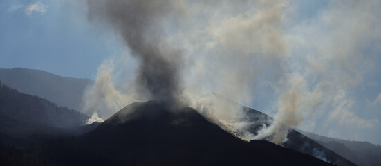 Volcano releasing gases, ash and water vapor, Island of La Palma, Canarias, Spain 