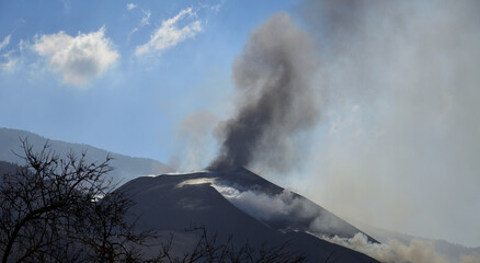 Volcano in full eruption, bushes in the foreground and blue sky in the background, La Palma Island,...