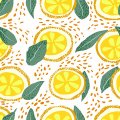 Lemon seamless pattern. Citrus slice and drops pattern. Summer fresh print. Stock vector illustration isolated on white background.