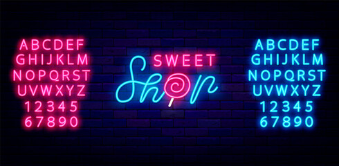 Obraz premium Sweet shop neon signboard. Candy bar with alphabet. Lollipop. Isolated vector stock illustration