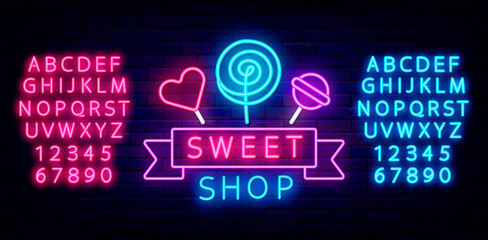 Sweet shop neon sign with candy. Shiny alphabet. Retro logo with ribbon. Vector stock illustration