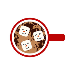 Cup with drink and marshmallows cute face character view top. Flat style. Design for greeting card, banner, poster. Vector illustration.