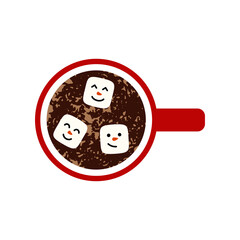 Cup with drink and marshmallows cute face character view top. Flat style. Design for greeting card, banner, poster. Vector illustration.