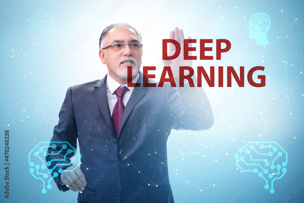 Poster deep learning concept with businessman pressing button