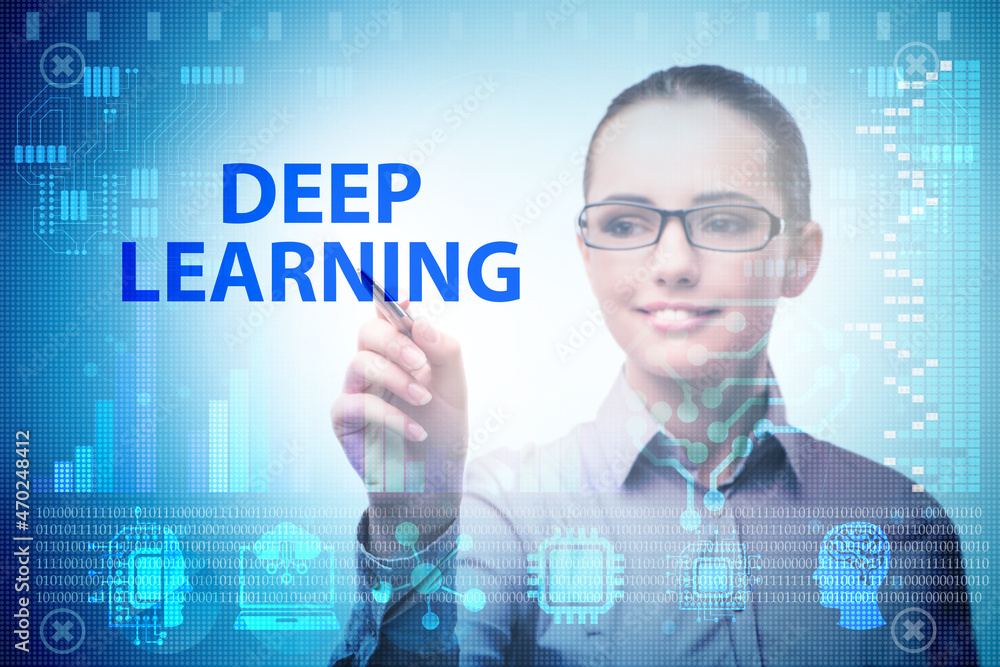Poster deep learning concept with businessman pressing button