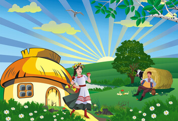 Girl with fruit and a shepherd in nature. Rural landscape. Shepherd with an accordion. Haystack and cow. Folklore. Vector illustration. 