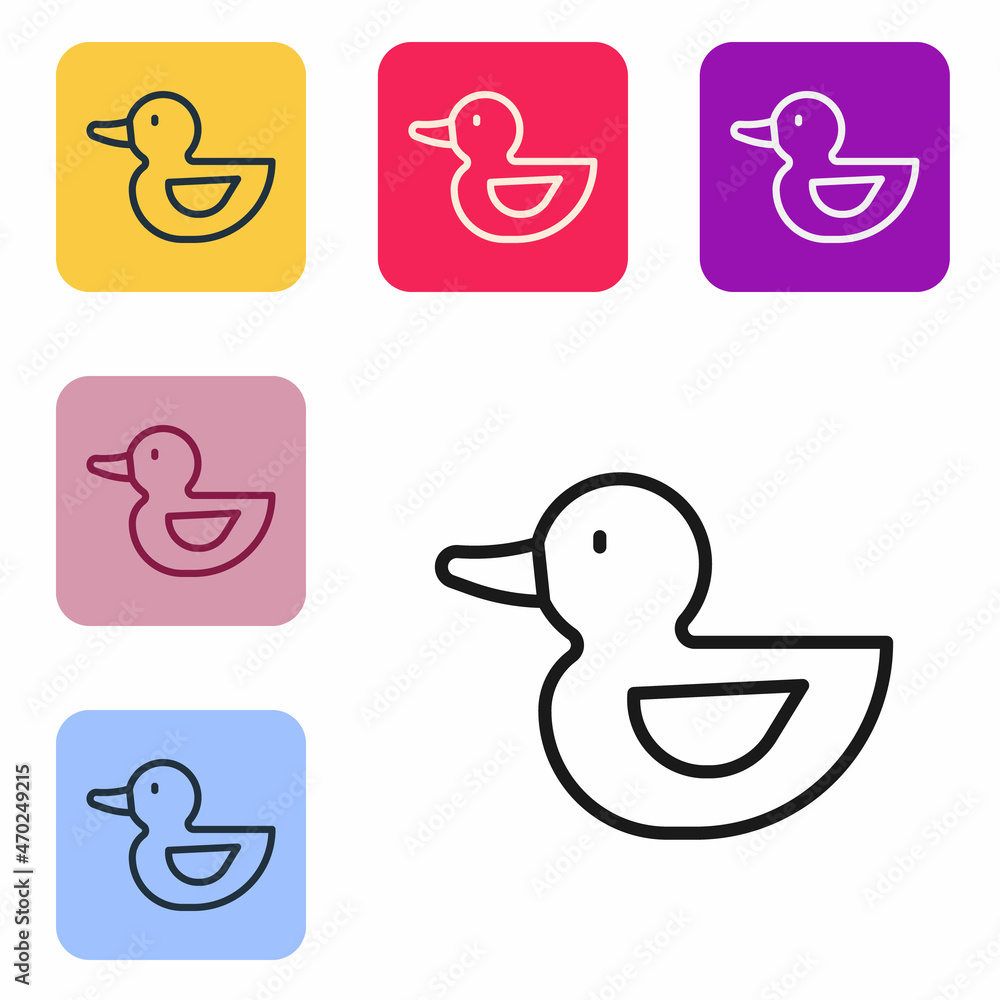 Poster black line rubber duck icon isolated on white background. set icons in color square buttons. vector