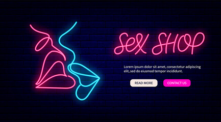 Sex shop neon landing page. Man and woman kiss sign on brick wall background. Isolated vector illustration - obrazy, fototapety, plakaty