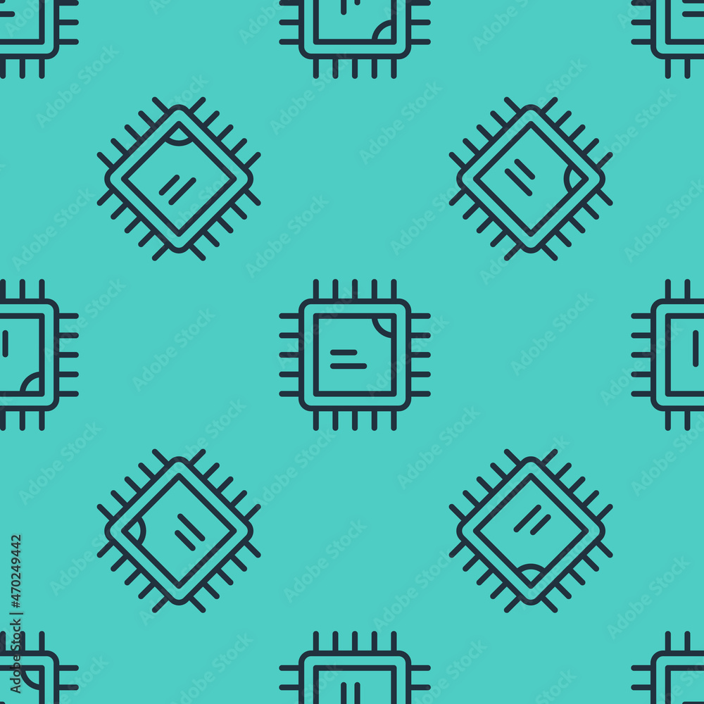 Poster black line computer processor with microcircuits cpu icon isolated seamless pattern on green backgro