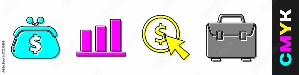 Poster set wallet with dollar, pie chart infographic, cursor and coin and briefcase icon. vector