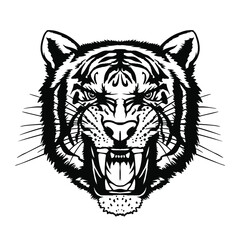Angry tiger svg cut file. Black and white tiger head vector. Angry tiger head sport mascot logo on a white background. Vector illustration. T-shirt design. Vinyl decal for plotter