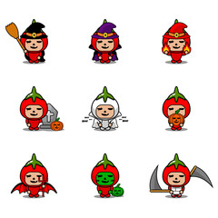Fototapeta premium Vector cartoon character Vegetable tomato Mascot Costume Halloween Bundle Set