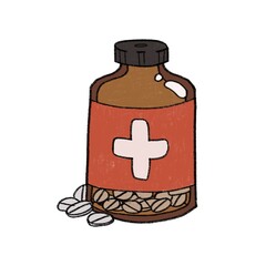 Meds in the bottle. Illustration for keeping health in pandemic. Vitamins in the bottle.