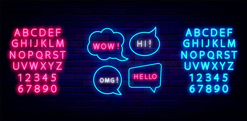 Speech bubble neon sign collection. Blue and pink alphabet. Empty frame set. Luminous label. Vector stock illustration