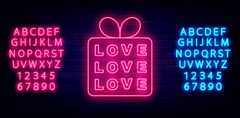 Gift box with love text neon icon. Happy Valentines Day with shiny alphabet. Isolated vector stock illustration