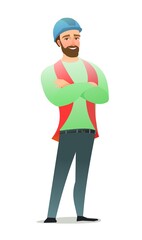 Man builder in vest and protective helmet. Guy worker. Cheerful person. Standing pose. Cartoon comic style flat design. Single character. Illustration isolated on white background. Vector