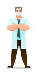 Optimistic doctor in dressing gown and humor mask. Cheerful persons in standing pose. Cartoon comic style flat design. Separate character. Illustration isolated on white background. Vector