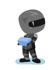 Motorcyclist in a black jacket and helmet. Biker uniform. Looks around, looking for someone to give the package to. Cartoon style. Funny character. Isolated background. Vector