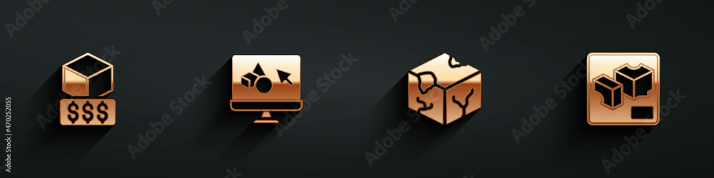 Poster set 3d printer services, software, isometric cube and icon with long shadow. vector