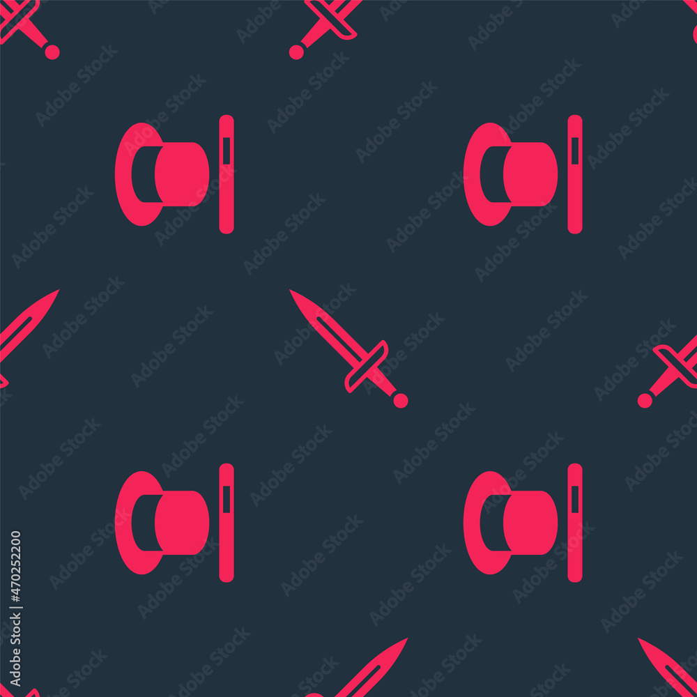 Poster set magic hat and wand and dagger on seamless pattern. vector