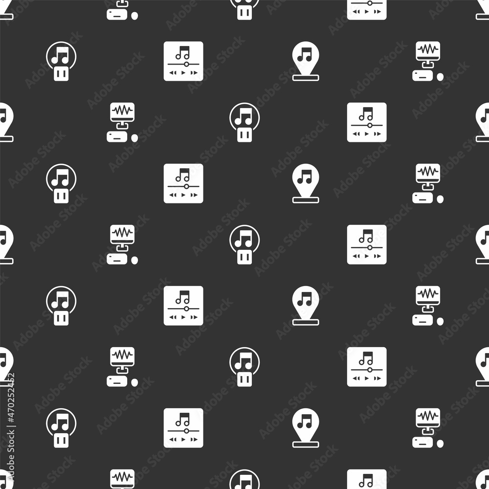 Poster set music note, tone, recording studio, pause button and player on seamless pattern. vector