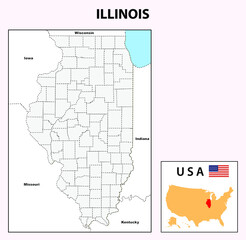 Illinois Map. State and district map of Illinois. Administrative and political map of Illinois with neighboring countries and border in white color.