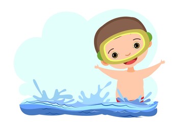 Boy is having fun. Waves of water river, sea or ocean. Swimming, diving and water sports. Pool. Isolated on white background. Illustration in cartoon style. Flat design. Vector art