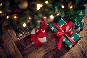 christmas tree with packed presents boxes