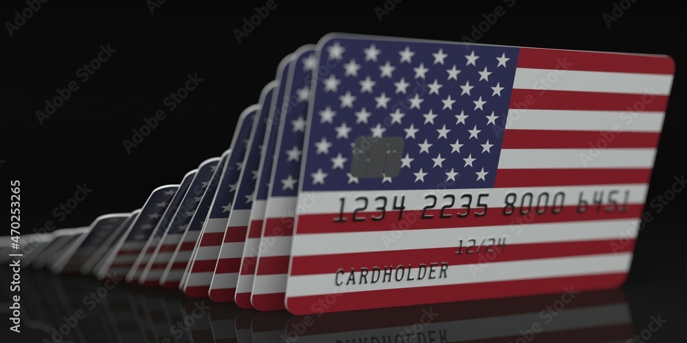 Poster domino effect, fallen credit cards with flags of the united states. fictional data on card mockups. 