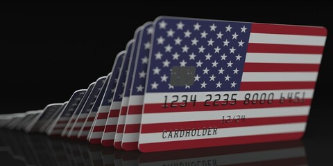Domino effect, fallen credit cards with flags of the United States. Fictional data on card mockups. Banking collapse conceptual 3d rendering