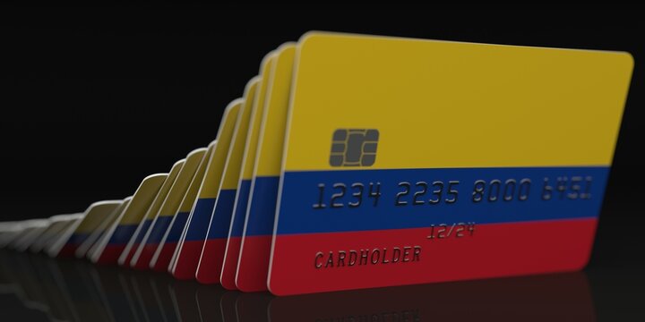 Domino effect, falling credit cards with flag of Colombia, fictional data on card mockups. Financial crisis related 3d rendering